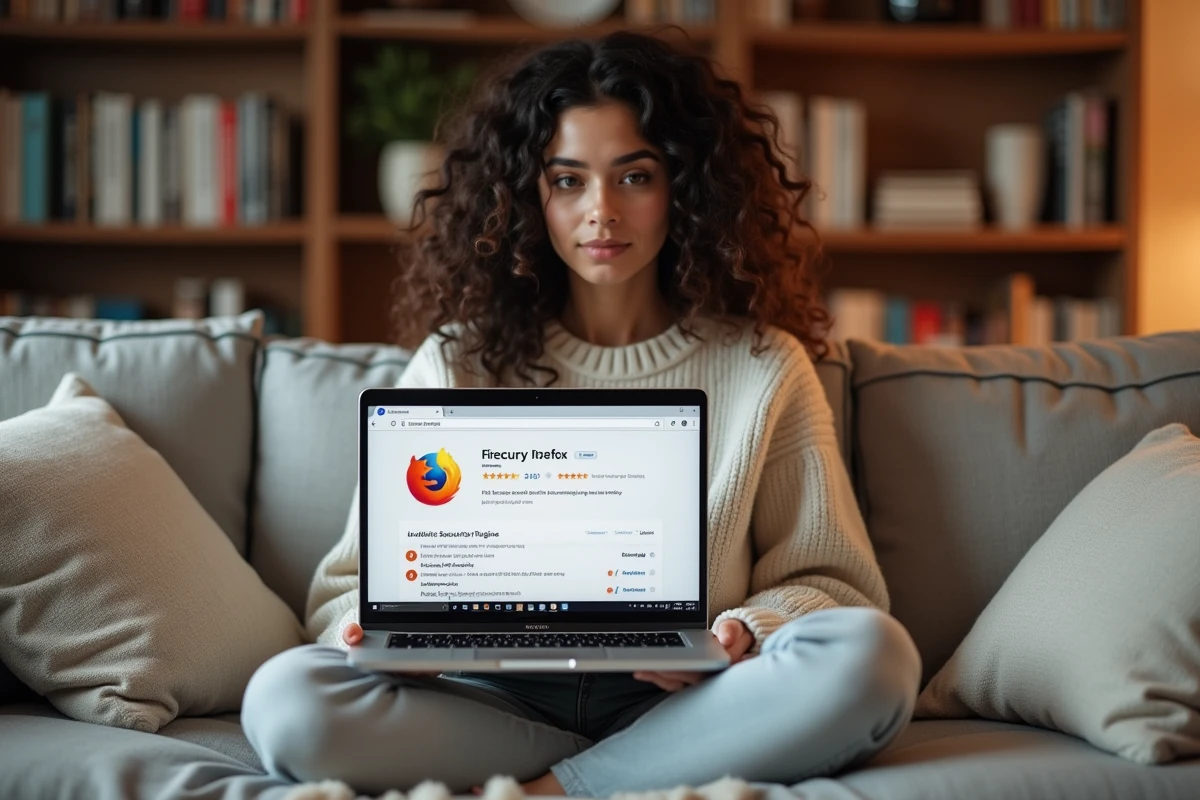 Jeune femme installant un antivirus sur Firefox depuis son canapé à la maison
