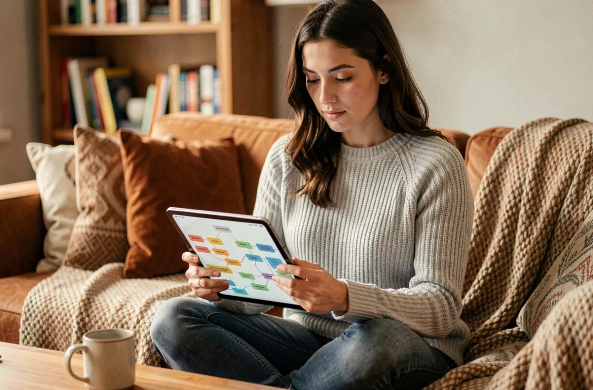 Jeune femme naviguant sur un sitemap depuis une tablette dans un salon confortable