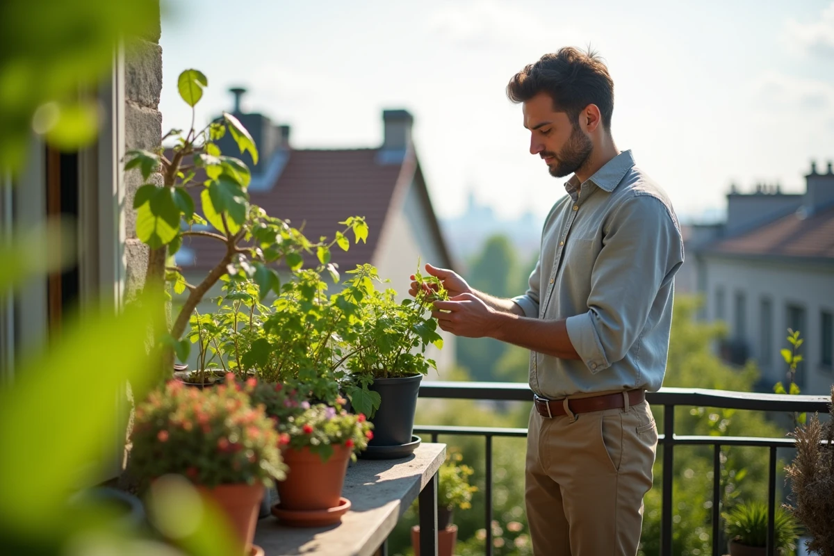 Jeune homme taillant des plantes sur un balcon ensoleille