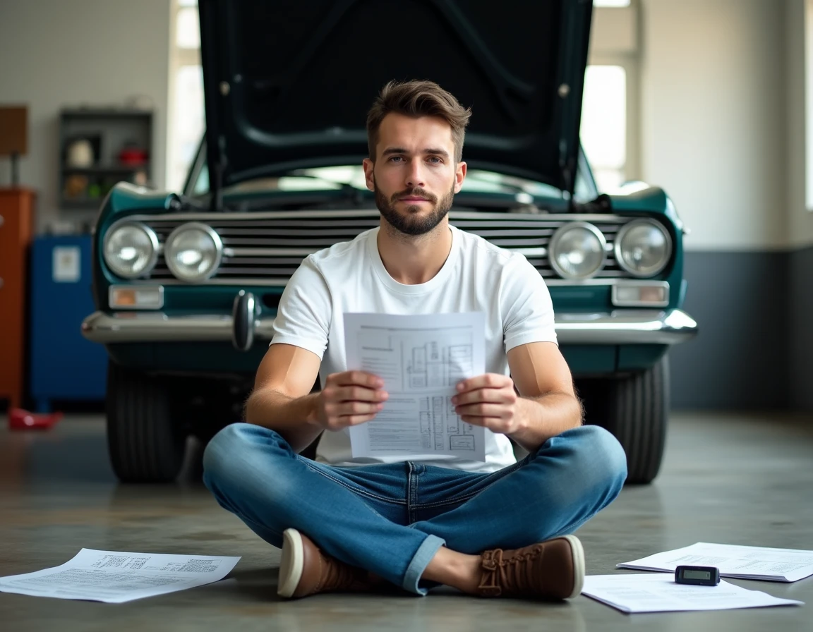 Jeune mécanicien lisant une fiche technique automobile imprimée en PDF assis sur le sol d'un garage