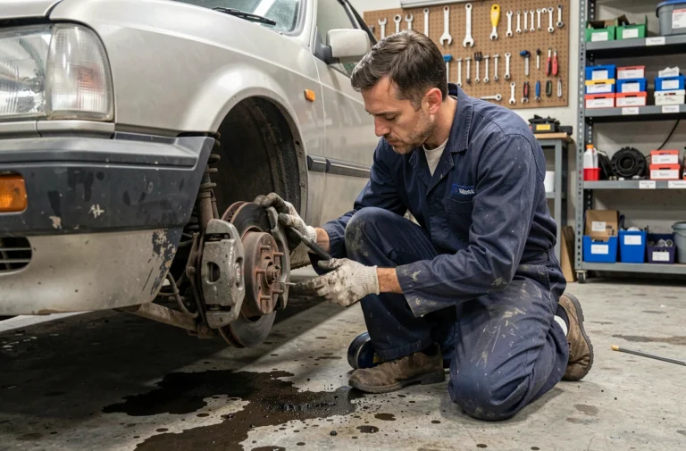 Mécanicien bénévole inspectant les freins d'une voiture dans un garage solidaire associatif