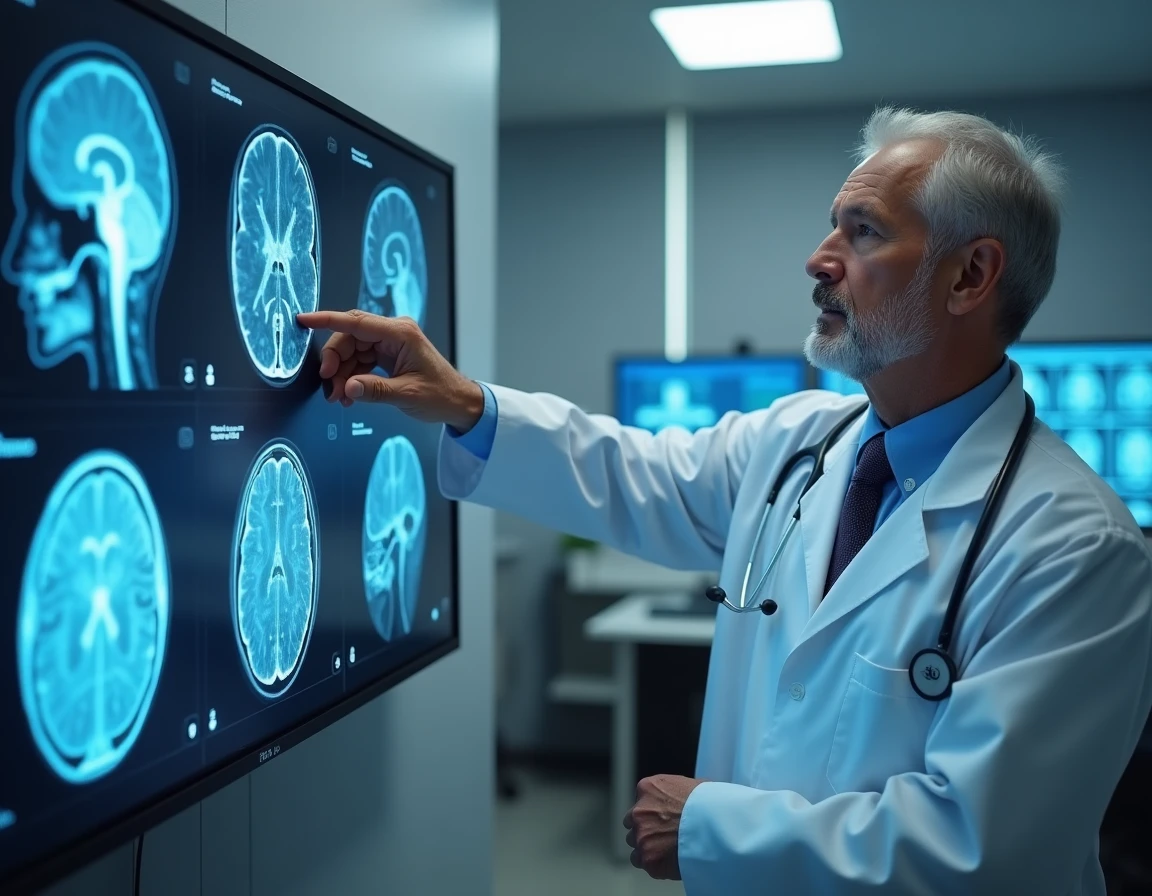 Neurologue examinant une IRM cérébrale montrant des lésions de leucopathie vasculaire de grade Fazekas 2