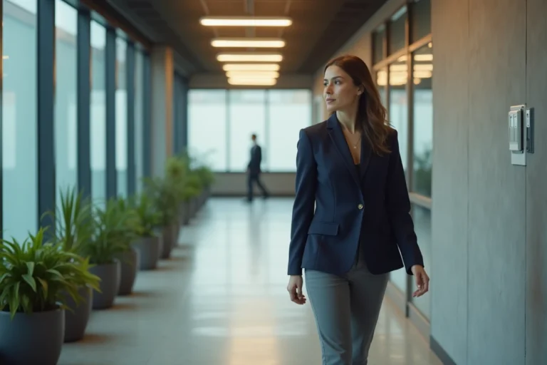 Femme cadre traversant un couloir de bureau moderne en direction des toilettes pendant une pause au travail