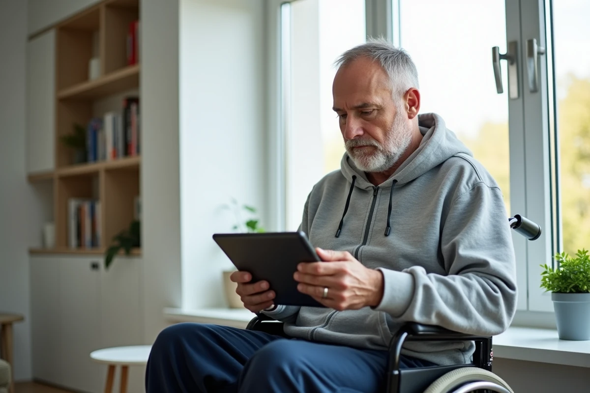 Homme en situation de handicap en fauteuil roulant consultant des informations sur une tablette concernant ses droits à l'invalidité