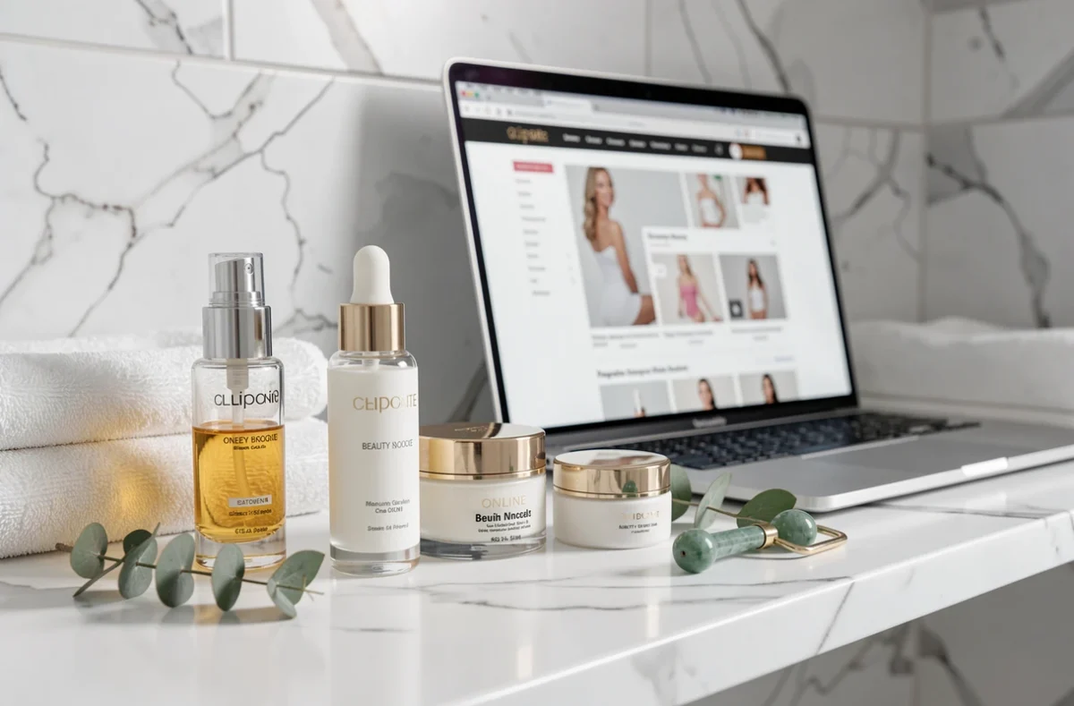 Produits de soin haut de gamme disposés sur marbre avec un site de beauté en ligne ouvert en arrière-plan