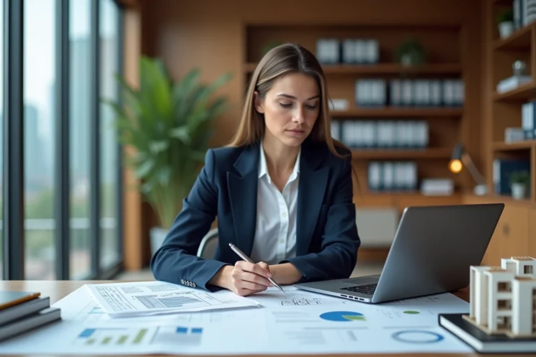 Une professionnelle de l'immobilier analysant des plans architecturaux et des outils d'évaluation dans un bureau moderne pour optimiser un projet immobilier