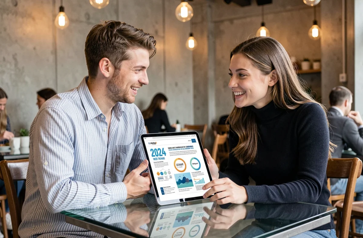Deux jeunes professionnels discutant des tendances et actualités du digital en 2024 sur une tablette dans un café moderne