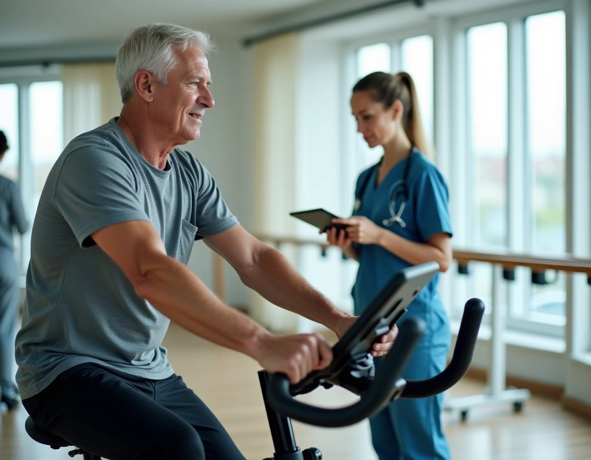 Patient en rééducation cardiovasculaire dans une clinique de physiothérapie dans le cadre du traitement de la leucopathie vasculaire