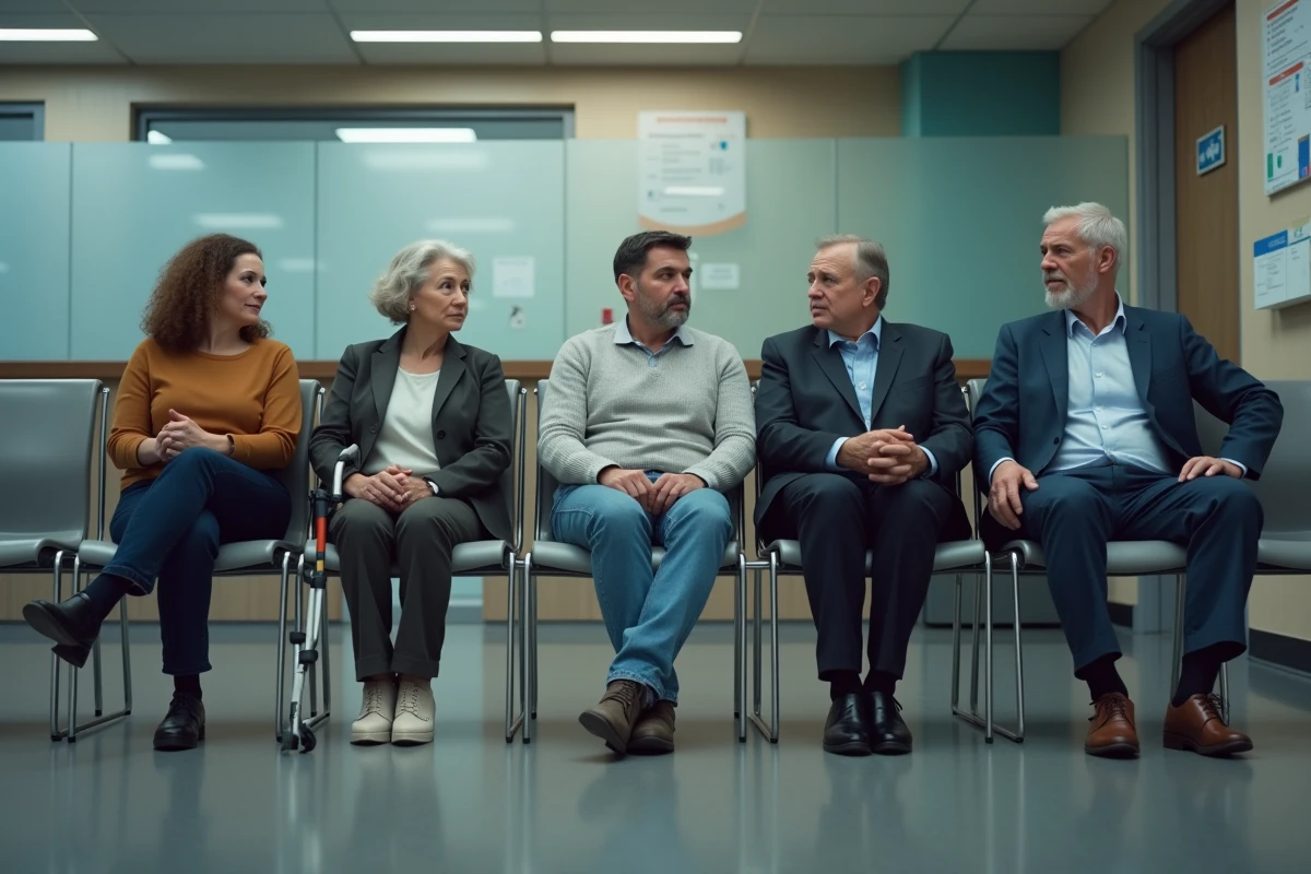 Salle d'attente d'un organisme de sécurité sociale avec des personnes attendant pour une démarche liée à la reconnaissance d'invalidité