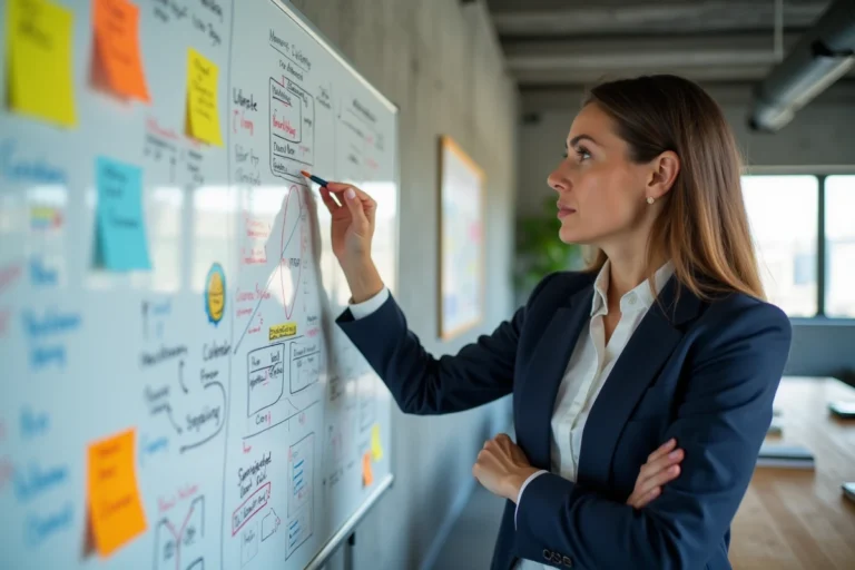 Femme d'affaires présentant une stratégie marketing sur un tableau blanc dans un bureau moderne