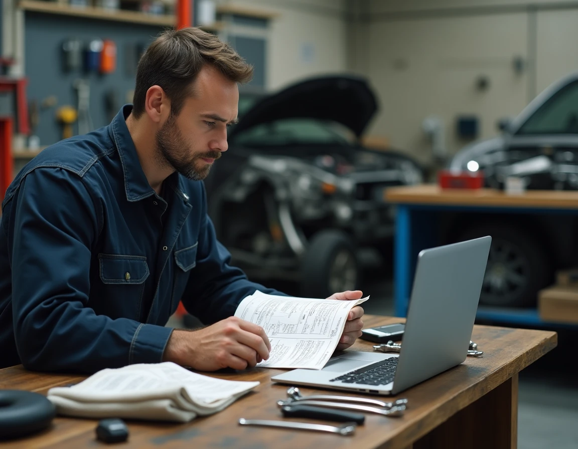 Technicien automobile consultant une revue technique PDF sur ordinateur portable dans un atelier mécanique professionnel