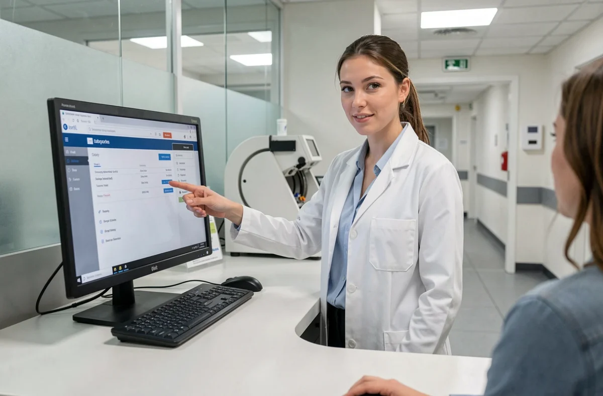 Technicienne de laboratoire expliquant les résultats d'examens médicaux sur un écran de portail patient