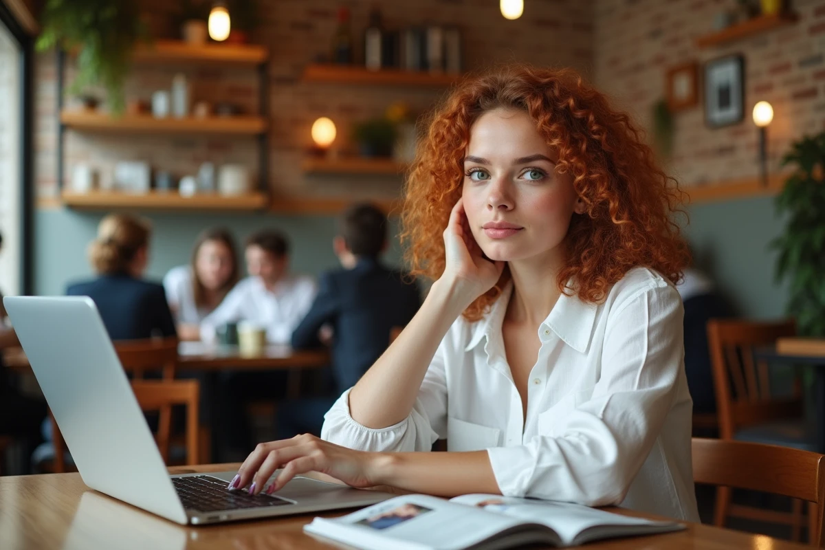 Jeune femme téléchargeant des magazines gratuits en PDF sur son ordinateur dans un café chaleureux