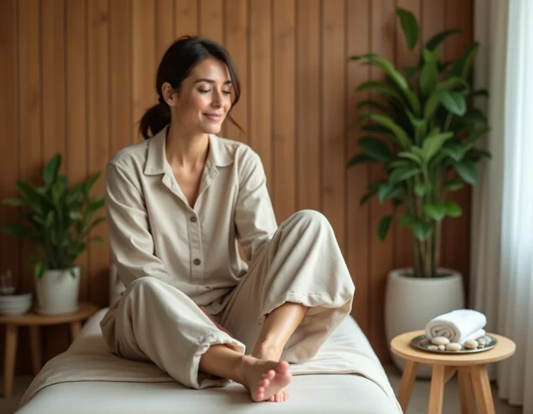 Femme en tenue confortable assise sur une table de réflexologie, remontant son pantalon en lin pour exposer son pied lors d'une séance