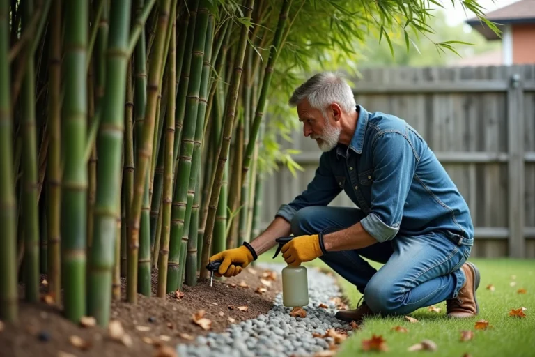 Homme traitant des bambous envahissants avec un produit chimique dans un jardin résidentiel