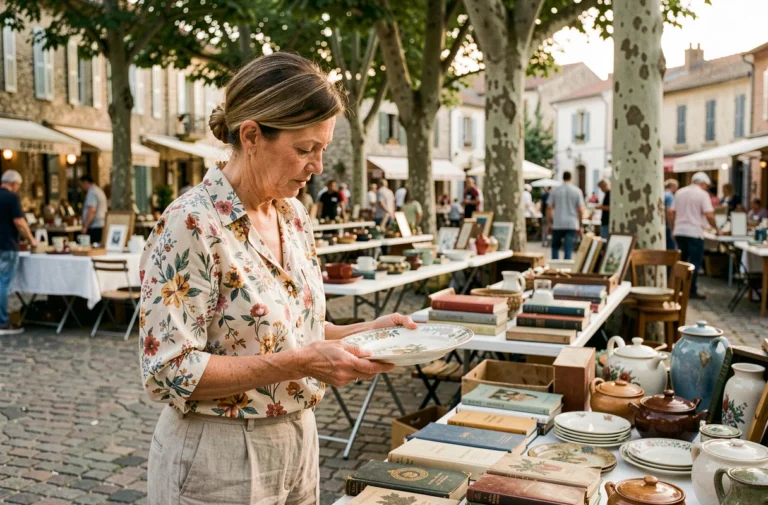 Femme examinant une assiette ancienne sur un stand de vide-grenier dans un village des Deux-Sèvres