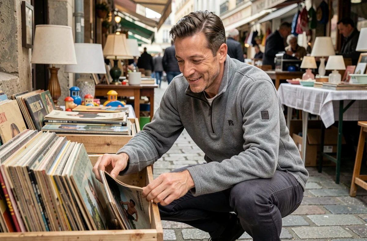 Homme fouillant des vinyles et magazines anciens sur un stand de vide-grenier dans les Deux-Sèvres