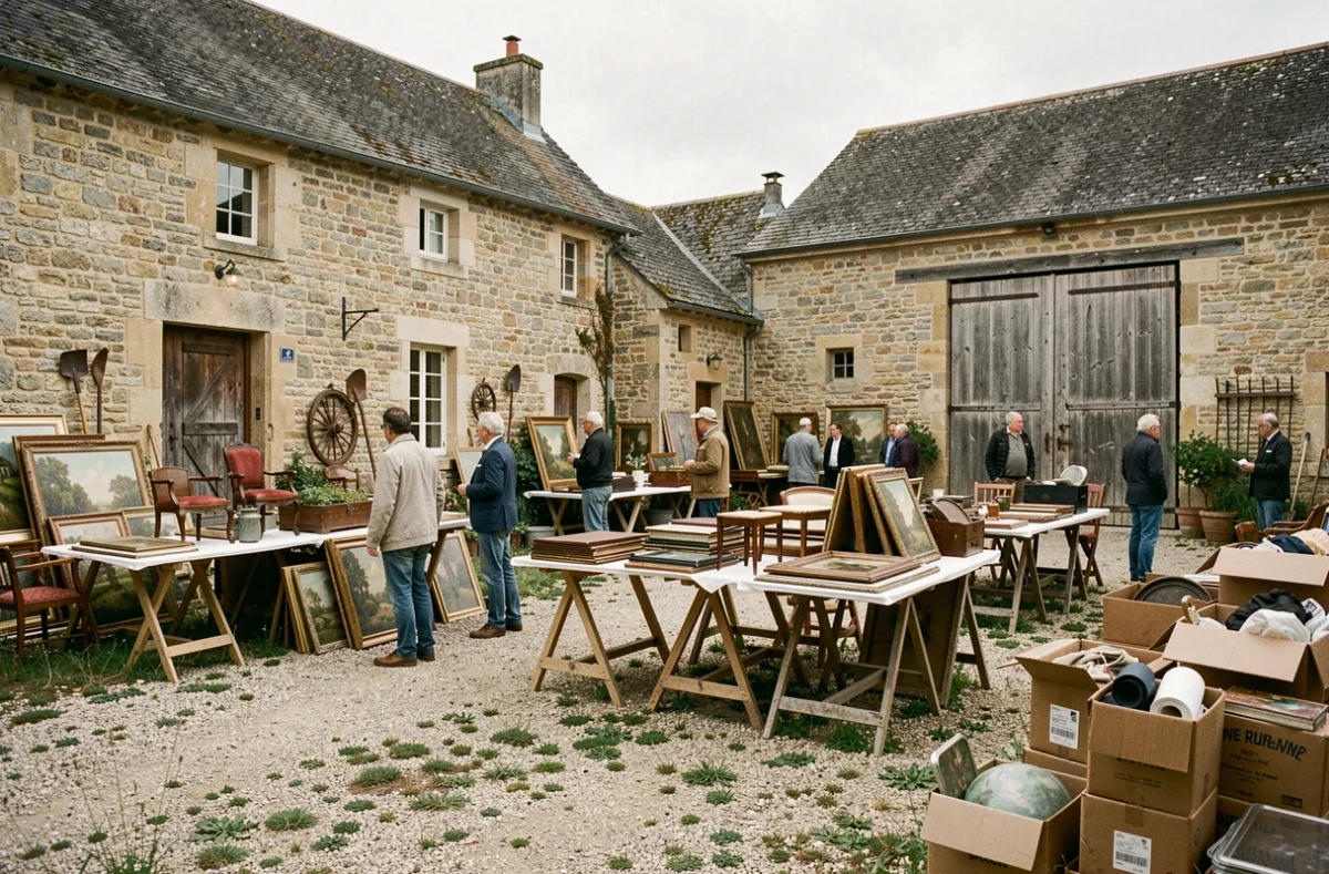 Vue d'ensemble d'un vide-maison dans une ferme en pierre des Deux-Sèvres avec visiteurs et objets anciens