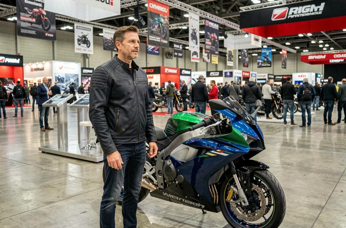 Visiteur au salon de la moto de Milan 2026 admirant une nouvelle moto sportive sur le stand d'exposition